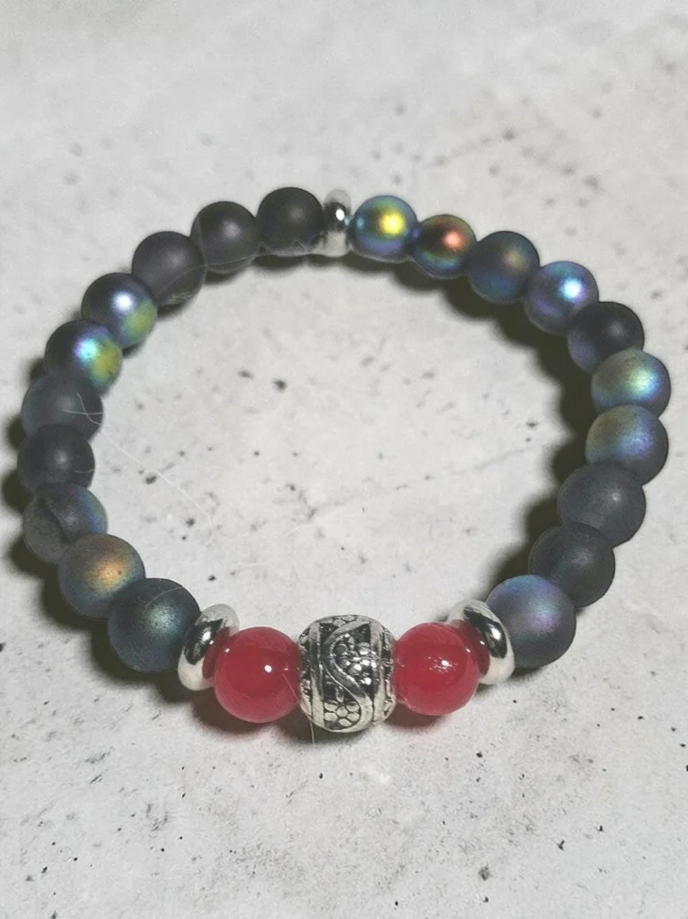 Enchanted  Dark Blue Beaded Bracelet with Red Accents and Dragon Charm